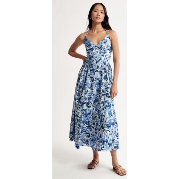 ABERCROMBIE & FITCH Strappy Plunge Maxi Dress Blue White Size Small EUC Maxi